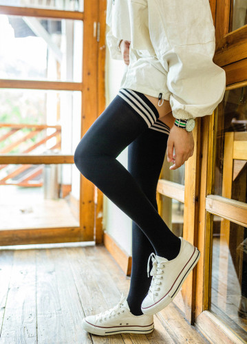 Spring and summer 120D velvet over-the-knee stockings for women, super elastic black and white three-stripe non-slip high stockings wholesale