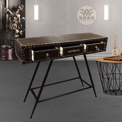 美式玄关桌铁艺复古案台墙边桌做旧置物箱过道装饰柜皮革LOFT茶几|ms