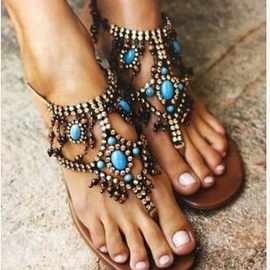 wish2018外贸新款串珠民族风夹趾平底女士大码凉鞋34-43