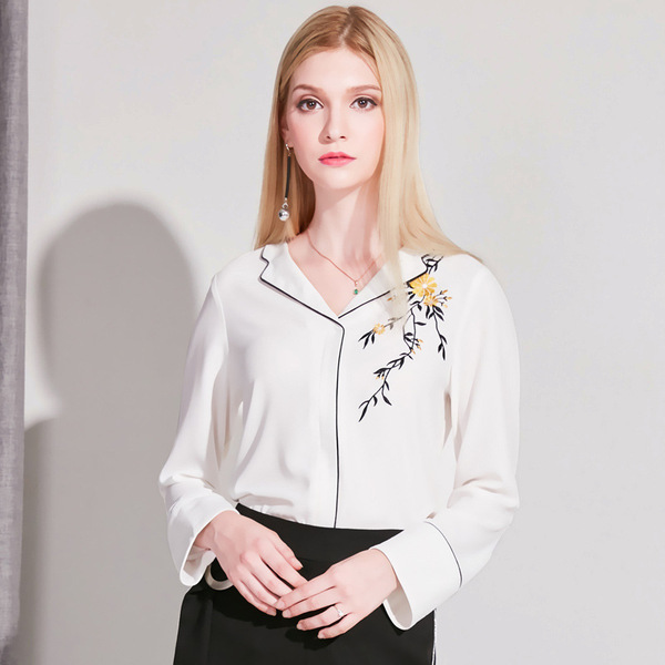 embroidery loose-bottomed Chiffon stitching color-clashing blouses