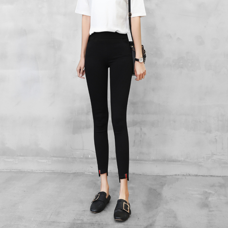 2018韩版女装薄款黑色织带款打底裤外穿裤子大码女裤无口袋九分裤