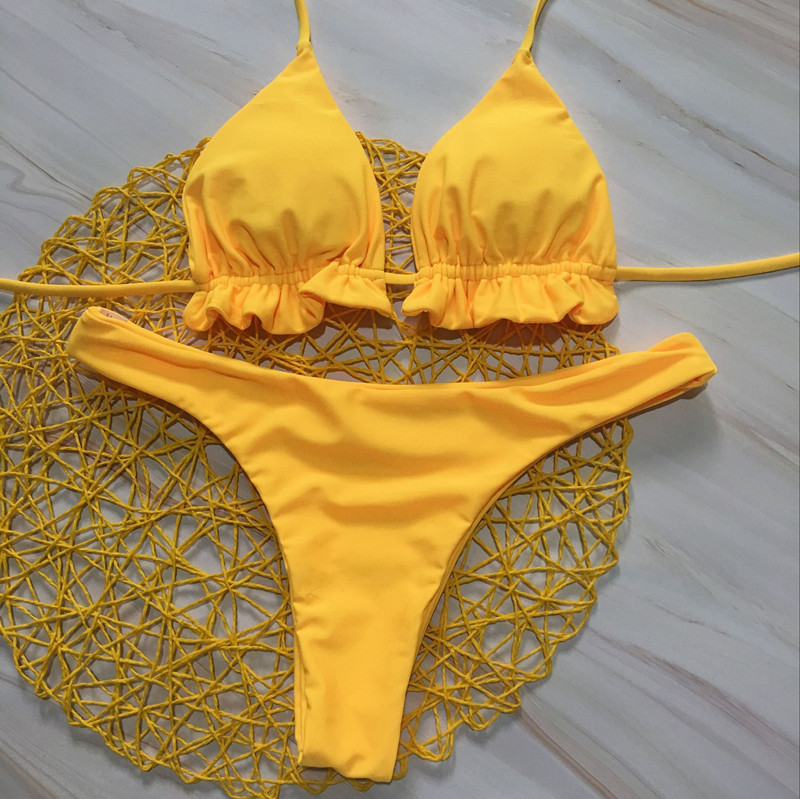 Conjunto de 2 piezas de bikini con volantes y correa de color liso NSCSM112779