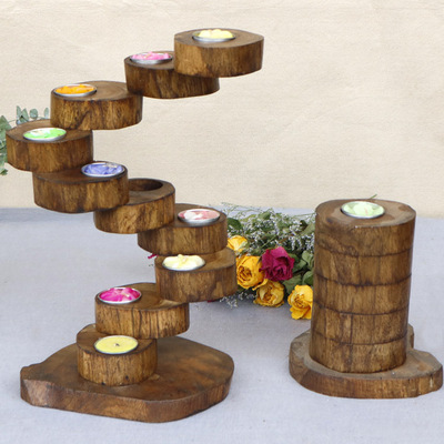 Thailand solid wood Candlestick Southeast Asia hotel club Candlelight Dinner rotate multi-storey woodiness Candle Holders Small flower