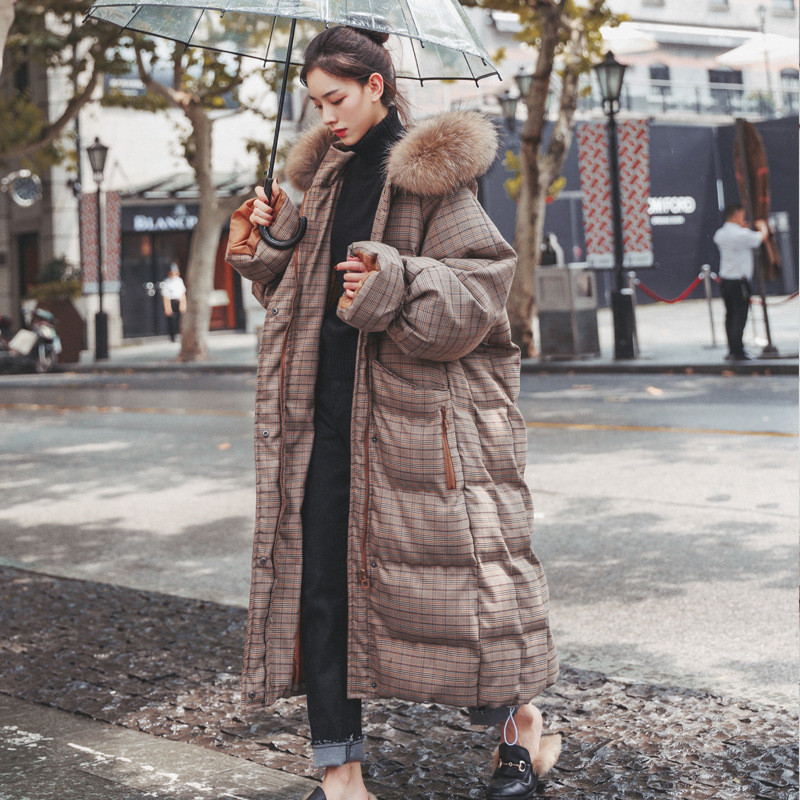 实拍韩国冬季新款chic超长棉服女到脚裸棉衣复古格子加厚保暖外套