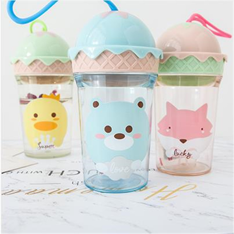 P444新款卡通可爱粉透明情侣水杯学生日系动物便携带盖冰淇淋杯子