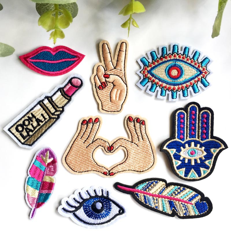 电脑刺绣花服装补洞补丁贴人物眼睛树叶手势口红标徽章嘴巴布贴