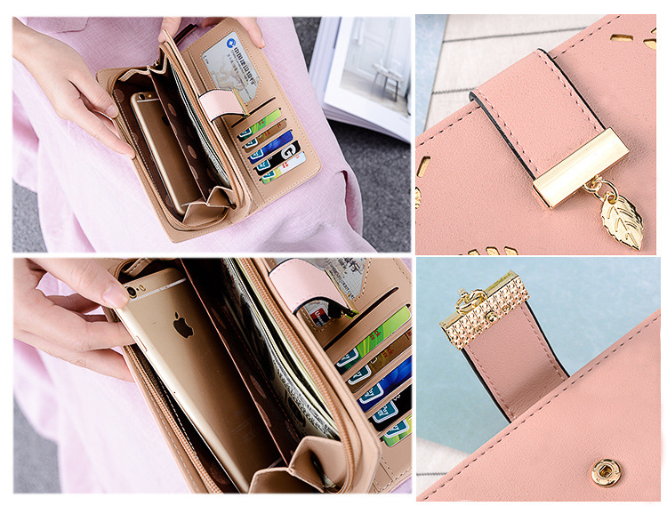 165g Weight Polyester Lining Material Zipper, Buckle Closure Type Women's Leaves Solid Color Pu Leather Hollow Zipper Buckle Wallets