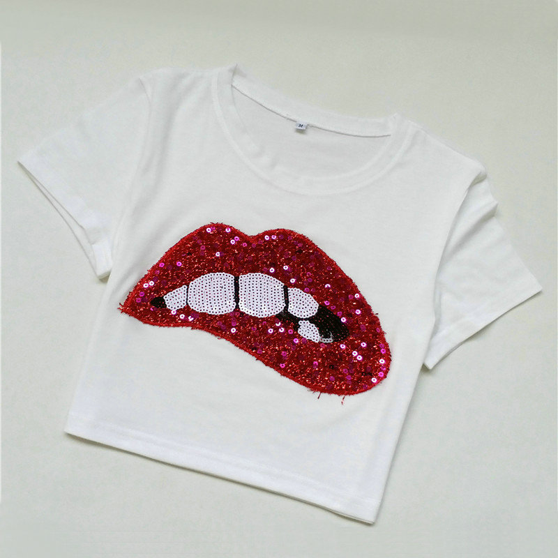 Lip Sequins Embroidered Cropped T-Shirts NSOSY111506