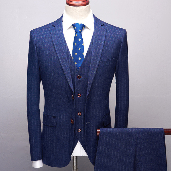 Business casual suit vertical stripe wool slim business suit three piece wedding dress