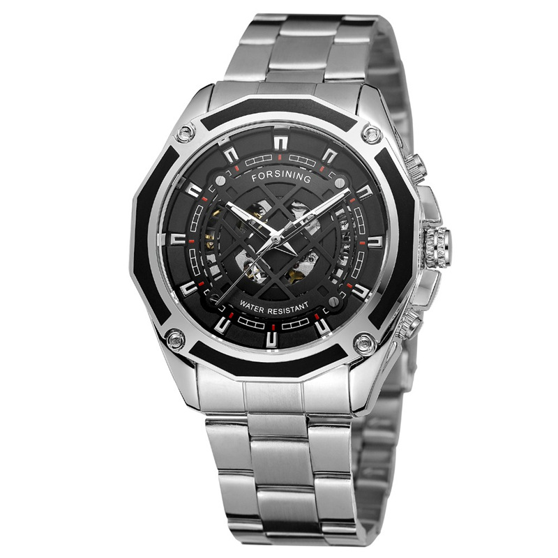 FORSINING fusini 1030 reloj mecánico automático de los hombres de cuerda hueco-hacia fuera transparente Fondo moda reloj mecánico hombres