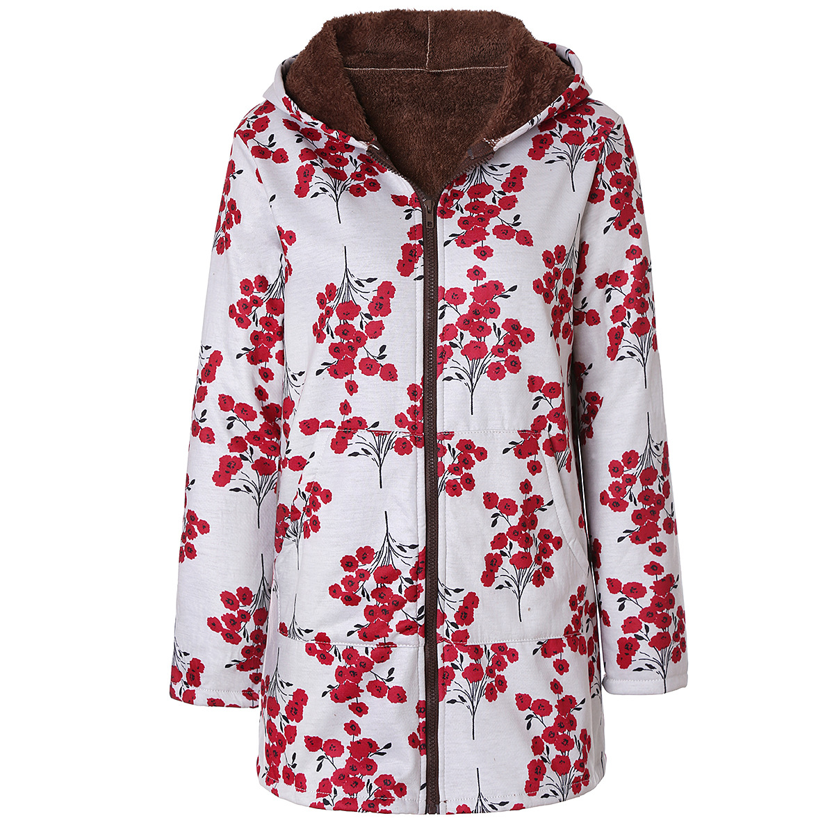 Foto real de abrigo de algodón compuesto grueso con capucha y cremallera de manga larga para mujer, abrigo de algodón de longitud media con estampado de Amazon image 11