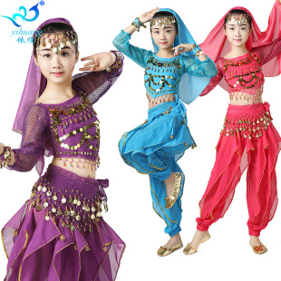 Children's Stage Performance Clothing, Indian Dance Belly Dance Performance Clothing, Kidsren's Long-sleeved Chiffon Suit