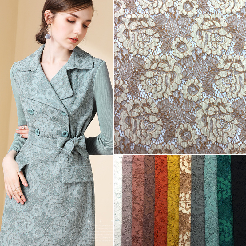 2018股线针织提花面料 锦棉蕾丝时装面料 新款双色复合蕾丝面料