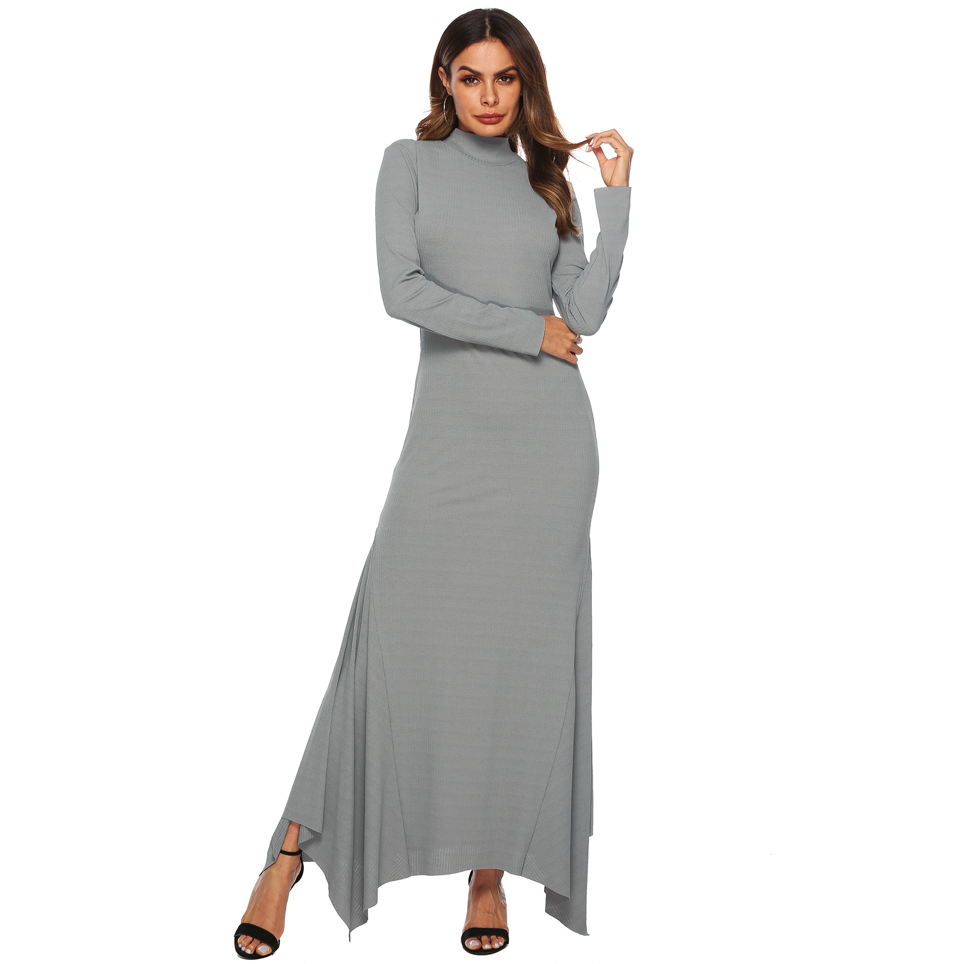 high elastic ribbed turtleneck irregular dress  NSOY45981