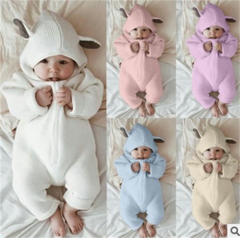 2022新款欧美童装纯色保暖兔耳朵可爱连帽长袖外出服连体衣爬服