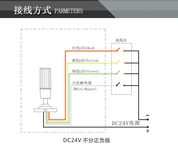 九家LED三色信号交通警示灯指示灯机床工作灯常亮短臂24V白色