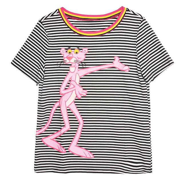 New Pink Leopard striped short sleeve T-shirt summer 