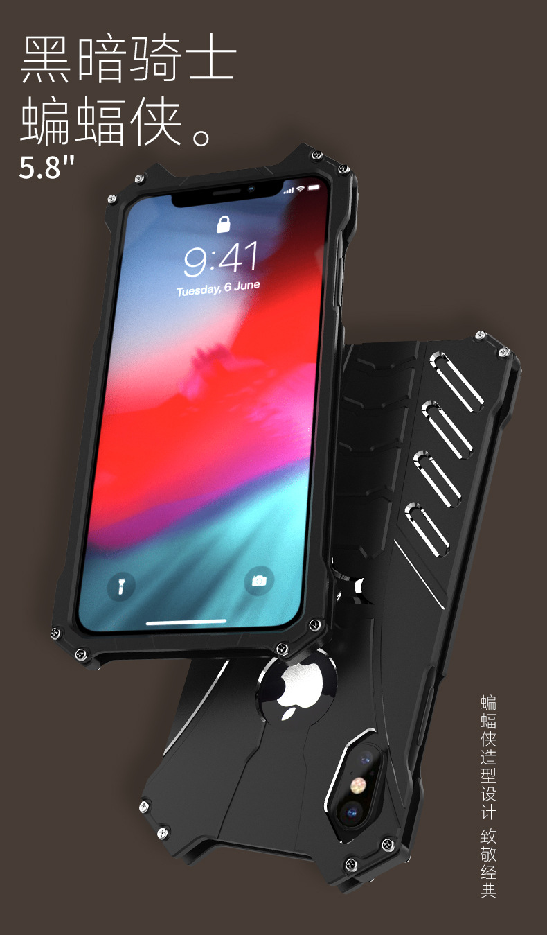 R-Just Batman Shockproof Aluminum Shell Metal Case with Custom Batarang Stent for Apple iPhone XS Max & iPhone XR & iPhone XS