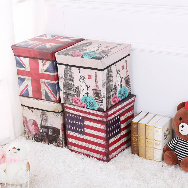 家居收纳箱欧美复古印花防水整理箱多功能收纳凳可折叠储物凳子