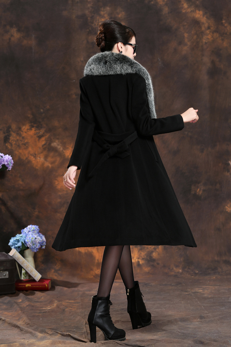 Long Alpaca Wool Coat Women Fox Fur Collar Thickened Over Knee