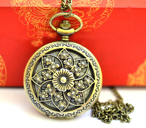 Rimless floral pattern cross-border large bronze color pocket watch, maple quartz pocket watch 8186