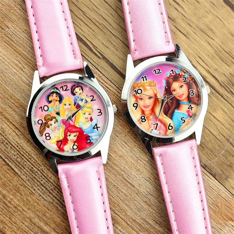 外贸热销芭比公主男女时尚石英手表 中小学生可爱粉色皮带腕表
