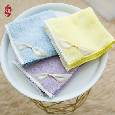 超細纖維珊瑚絨蝴蝶結花邊小方巾 毛巾 吸水禮品花邊手帕擦手巾