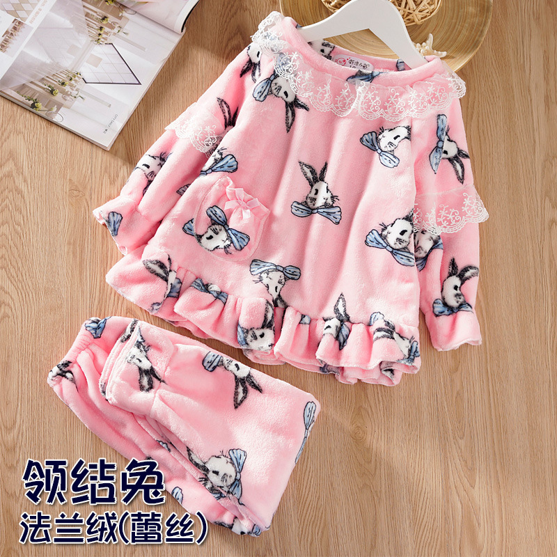 春秋季儿童珊瑚绒睡衣女童宝宝小孩法兰绒女孩套装套头蕾丝公主