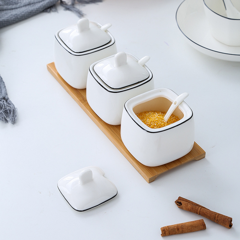 Creative Ceramics Cruet Black line Three-piece Suite Ceramic pot Seasoning Box Bottle advertisement Promotion Manufactor Direct selling