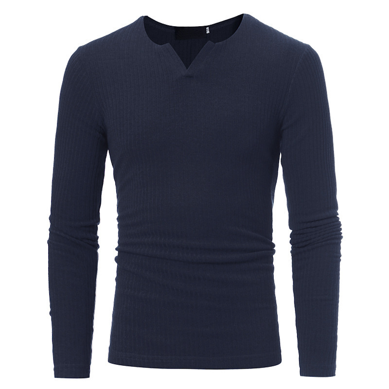 T-shirt da uomo con scollo a V a righe verticali a maniche lunghe lavorata a maglia sottile_voghion.com