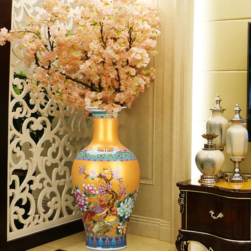 景德镇陶瓷花瓶摆件客厅插花花器珐琅彩锦鸡瓷瓶新中式家居装饰品