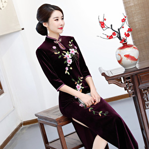 Chinese Dresses Qipao for women robe chinoise cheongsam Handmade cheongsam elastic velvet long nail bead cheongsam
