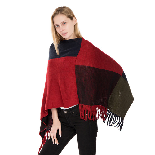 Manufacturer wholesale large square color-blocked knitted warm shawl European and American autumn and winter new imitation cashmere tassel pullover cloak