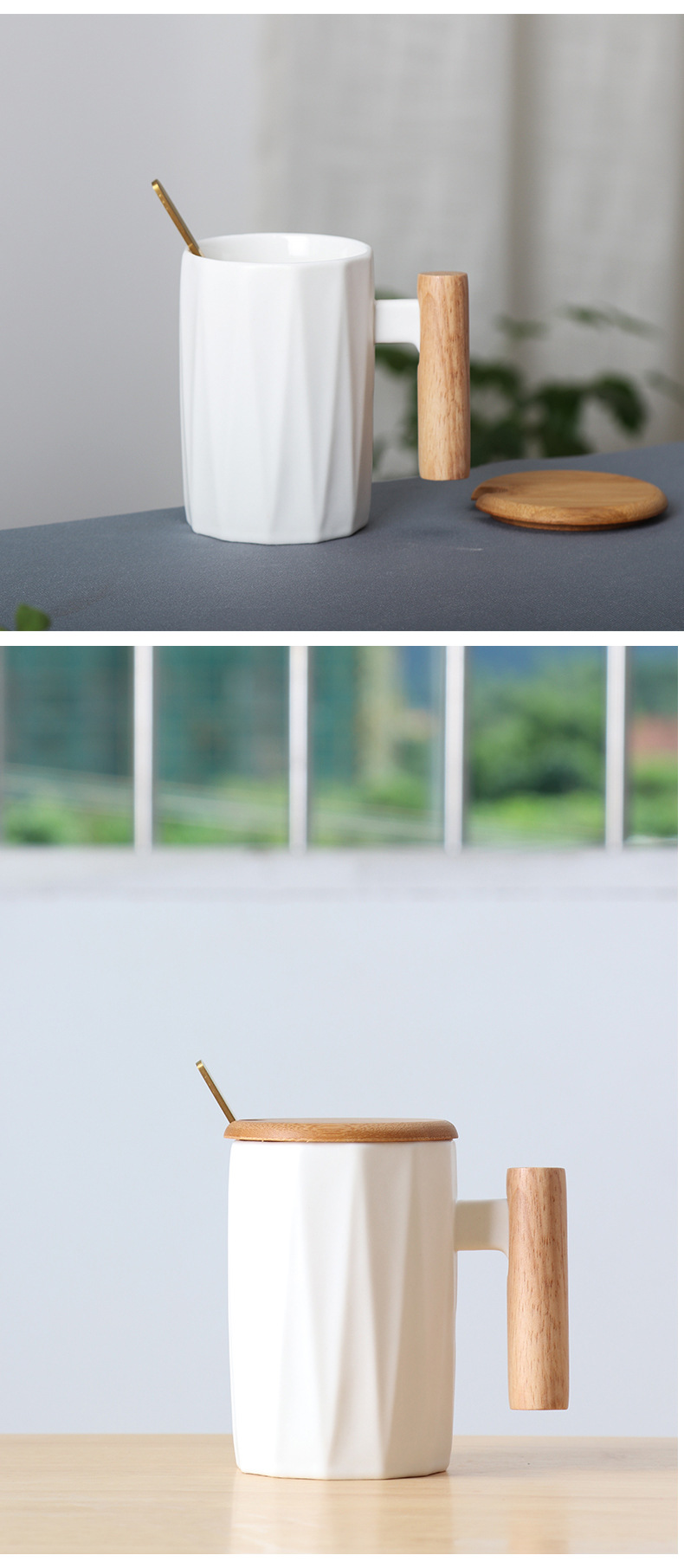 Simple Creative Solid Color Wooden Handle Matt Ceramic Mug Cup Wholesale display picture 5