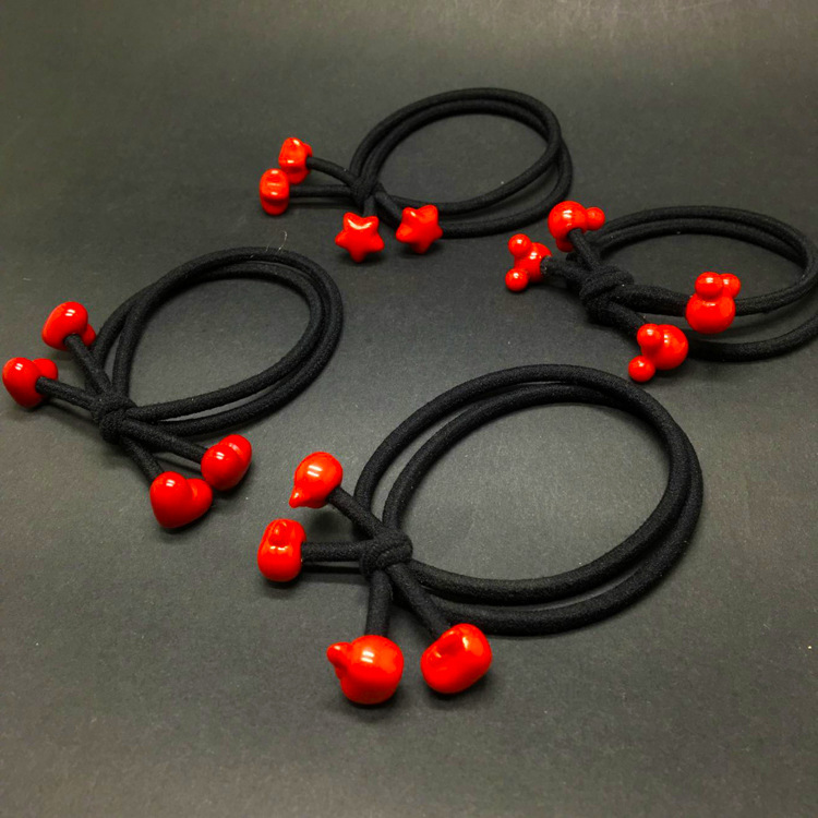 韩版二合一打结红珠卡通发绳发圈 扎头发橡皮筋发饰 一元小商品