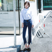 牛仔裤女装2018秋冬款 高腰微喇牛仔裤女弹力修身流苏九分裤