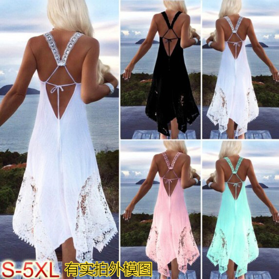 Backless Lace Trimmed Maxi Dress Crossed Straps Irregular Hem Elegant Design Perfect for Evening Events Wholesale