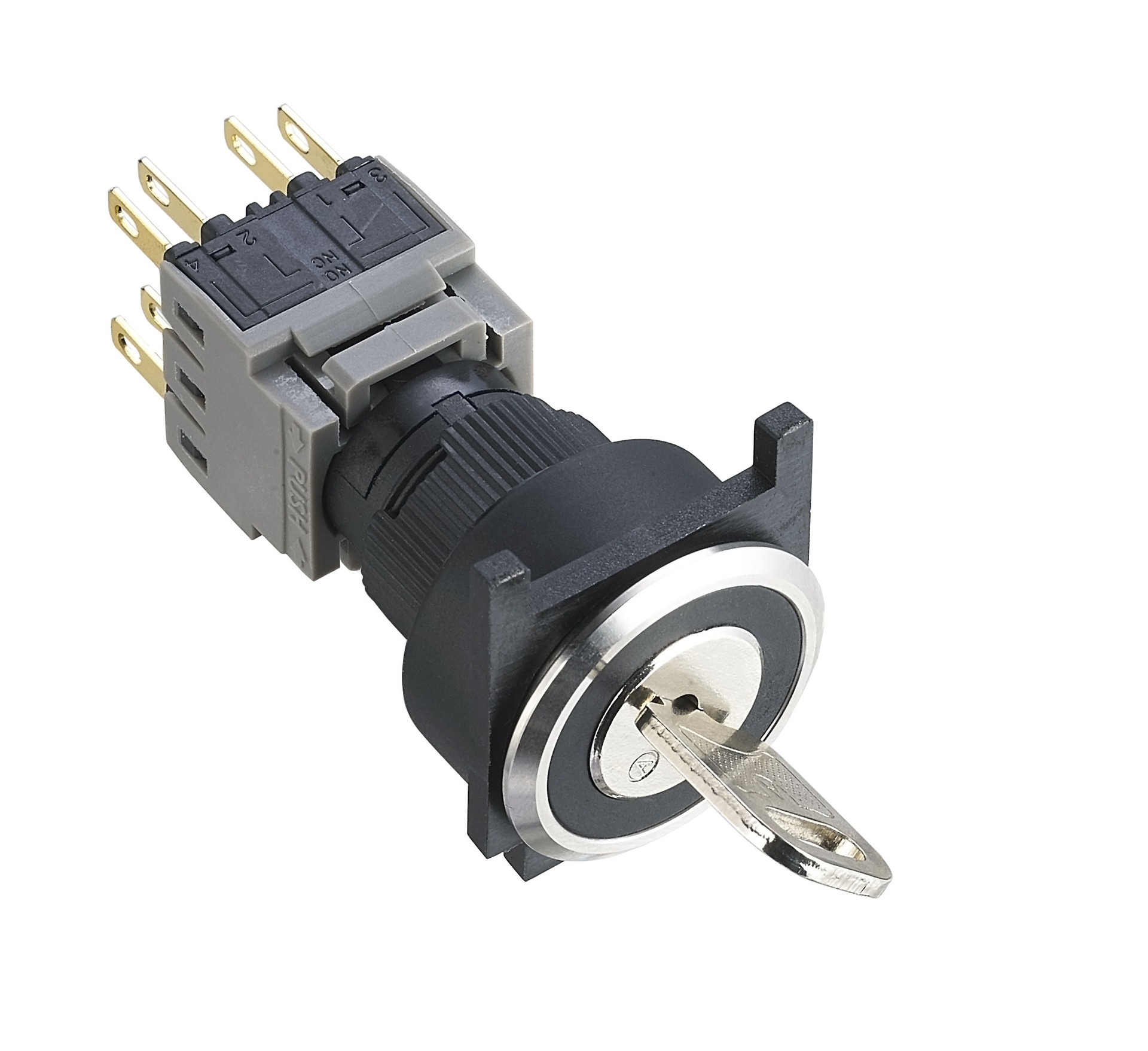 22mm 钥匙钮 三档 面板式  不锈钢前框 IP65  2NO+2NC 左右自复