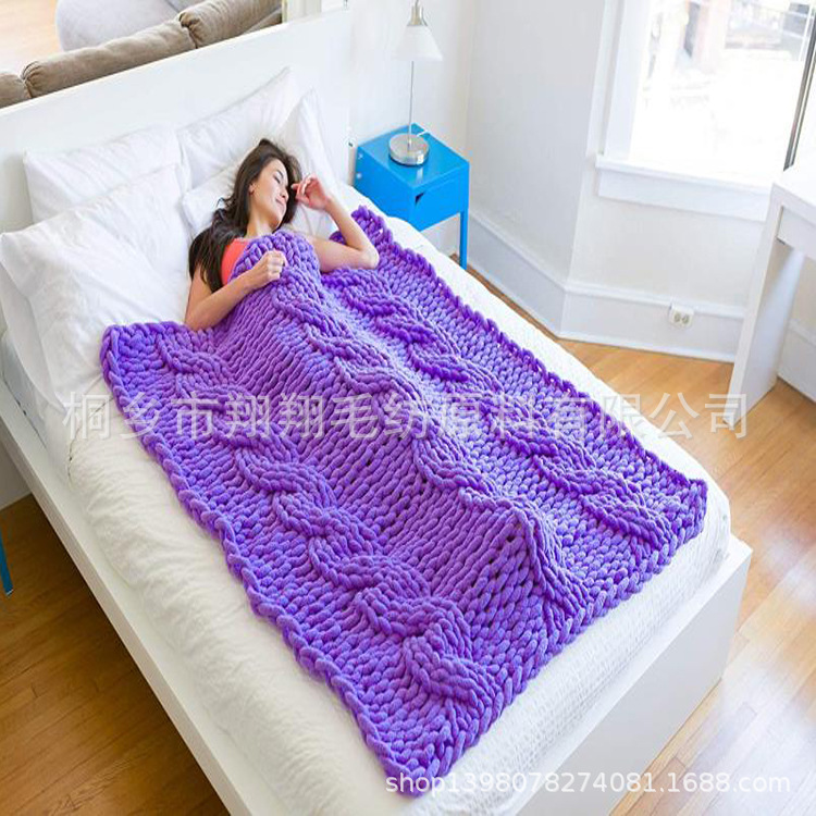 手工编织雪尼尔粗纱线毯 毛线毯 沙发盖毯 手工棒针编织毯子 跨境