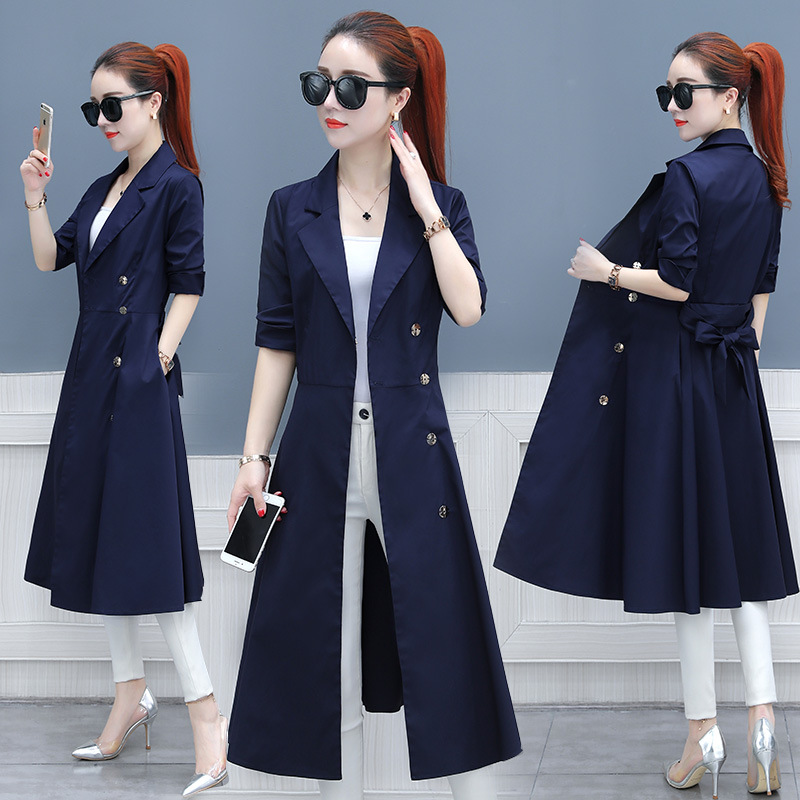 韩版长款风衣女2019秋季新款气质简约收腰显瘦七分袖系带风衣外套|ru