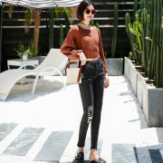 女装韩版时尚百搭高腰破洞小黑裤 水洗做旧时髦破洞 九分牛仔裤