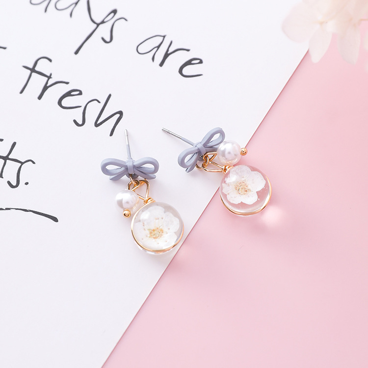 Bow Pearl Flower Earrings Sweet Glazed Cherry Blossom Bulb Earrings display picture 5