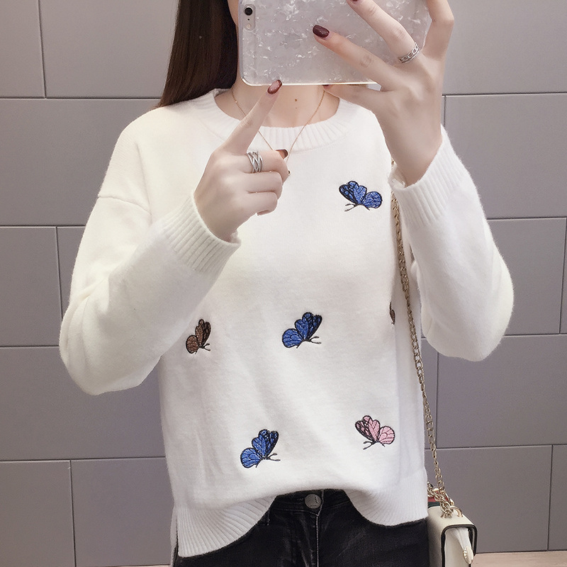 2018针织衫秋冬新款女装韩版宽松学生上衣套头圆领毛衣长袖印花