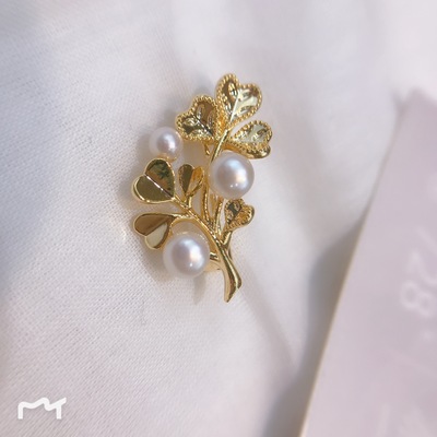 蝶家xyxz1z1ci銅鍍金樹葉胸針3-6強光饅頭圓天然珍珠精致清新靈動