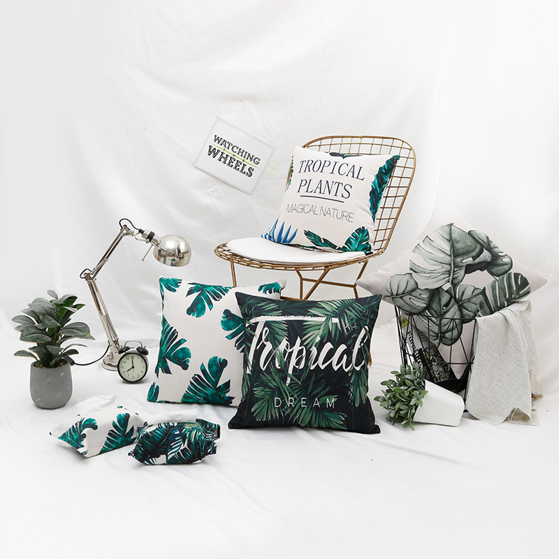 ins北欧双面绿植棉麻抱枕田园汽车靠垫办公室午休厂家批发可定制