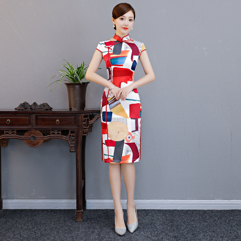 Chinese Dress cheongsam for womenNational retro cheongsam dress women&apos;s printed cheongsam