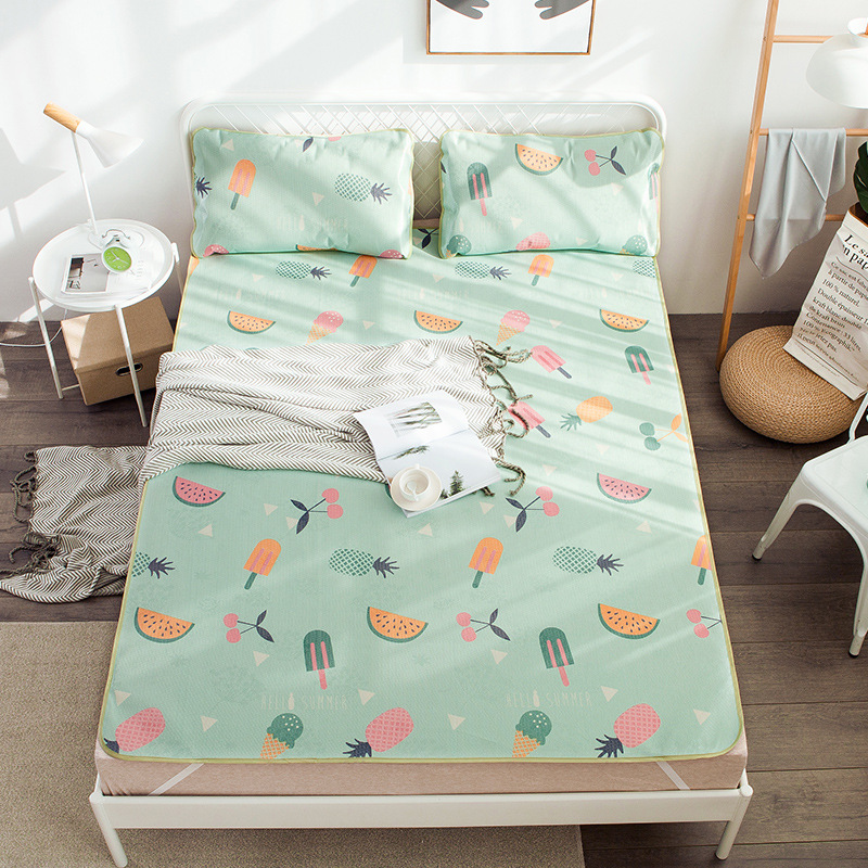 新款加厚涼席印花冰絲席三件套 防滑底單雙人席子 可折疊空調席