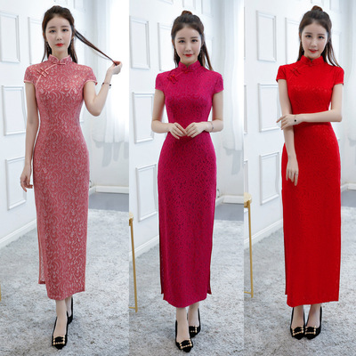 旗袍長款2019新款改良蕾絲優雅修身旗袍連衣裙中大碼旗袍壹件代發