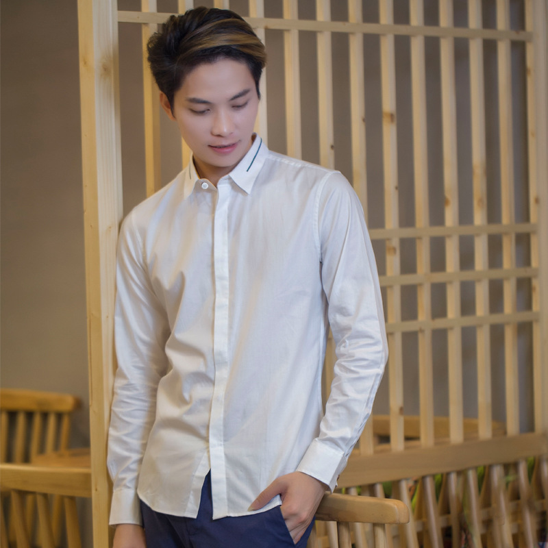 白襯衫男chic港風秋冬修身商務男裝純棉襯衣刺繡潮牌上衣壹件代發