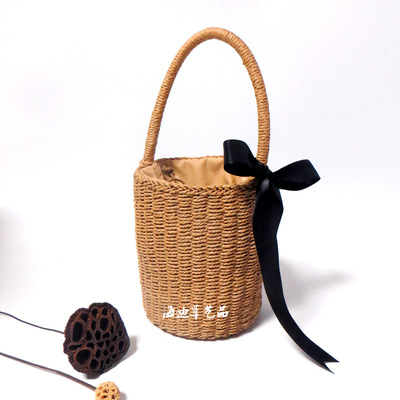 廠家供貨韓版 時尚小圓桶編織包手提草編小圓筒草編包